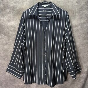 Foxcroft Navy White Striped Button Up Shirt Size 24W Wrinkle Free Shaped Fit